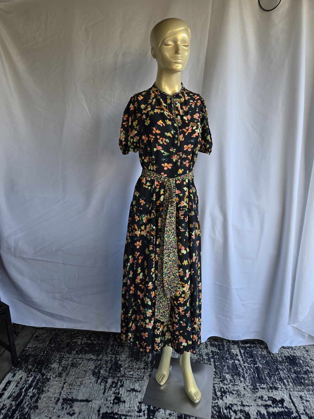 SHOSHANNA  Black Floral Tie-Waist Midi Dress